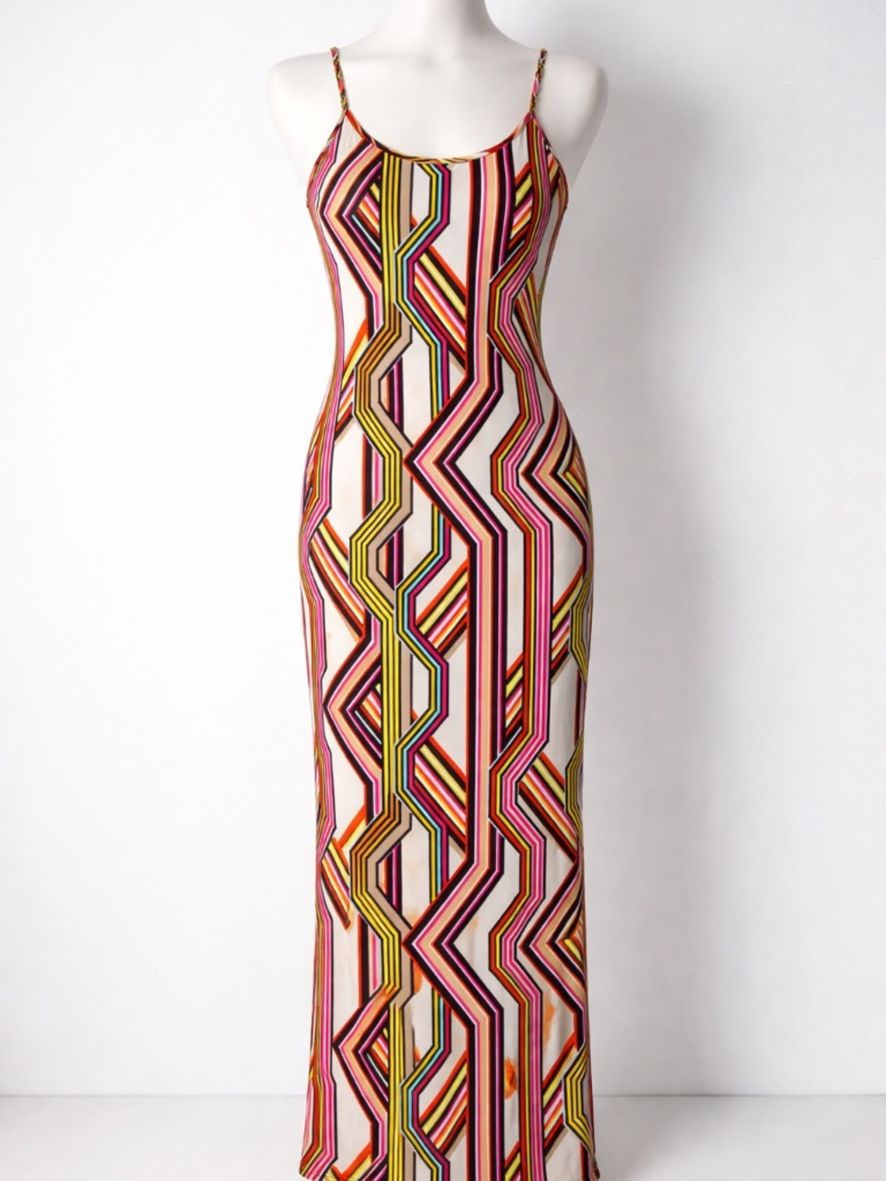 MSK Geometric Print Maxi Dress Sleeveless Spaghetti Strap Colorful size L NWT